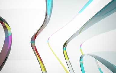 White smooth abstract architectural background whith colored gradient lines . 3D illustration and rendering