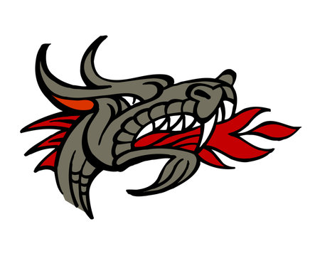 dragon head with large teeth and horns spits flames logo design