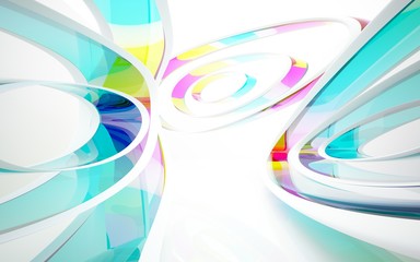 abstract architectural interior with colored smooth glass sculpture. 3D illustration and rendering