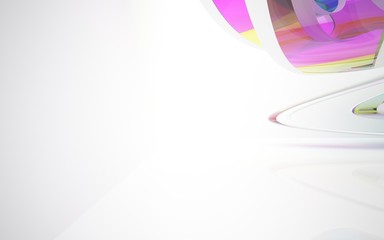 abstract architectural interior with colored smooth glass sculpture. 3D illustration and rendering