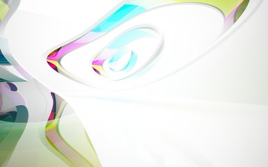 abstract architectural interior with colored smooth glass sculpture. 3D illustration and rendering
