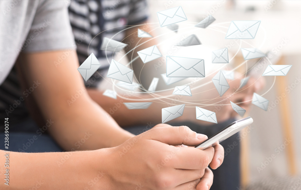 Poster Man hand using mobile phone with e-mail application