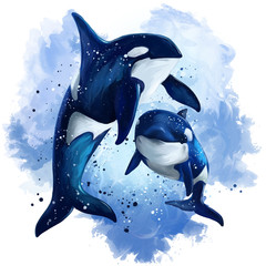 Two killer whales in the ocean. Watercolor painting