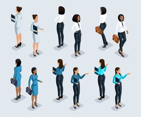 Isometry set of business women. 3d girl African American and European office worker, in business clothes front view and rear view. Girl for vector illustration