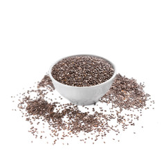 Chia superfood in ceramic bowl scattered seeds