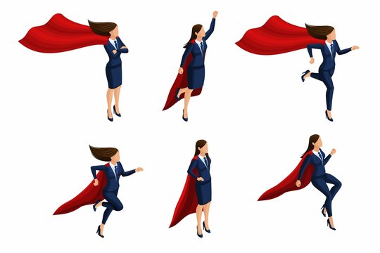 Isometric Set of girls, 3d business lady, super woman, super hero. Business suit, raincoat. Office worker with super abilities