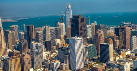 Aerial view of Downtown San Francisco skyline from helicopter, CA