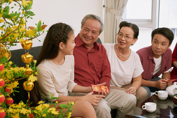 Cheerful Vietnamese family talking and celebrating Lunar New Year at home