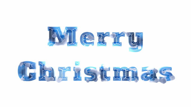 Merry Christmas lettering written by frozen cracked ice covered by snow isolated on white background. 3d illustration