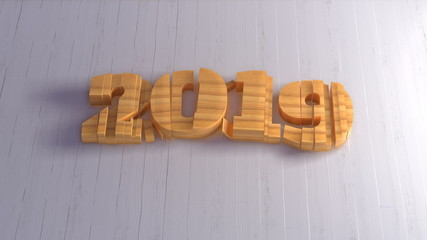 Happy new year 2019 isolated numbers lettering written by wood on white background. 3d illustration