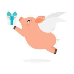 Pig flying in the air with a gift.Cute childish vector illustration.