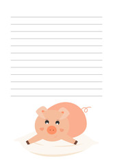 Lined page for notes.Pig laying on the pillow, sleepy.Cute childish vector illustration. .