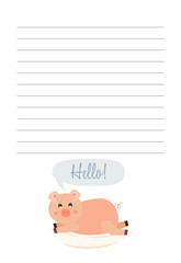 Lined page for notes.Page for notes. Pig laying on the pillow, saying hello. Cute childish vector illustration.