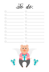 To do list page for printing.Pig holding a present/gift.Cute childish vector illustration.