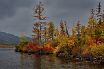 Russia. Magadan. The amazing beauty of the autumn of the Far East. The lake Maxi