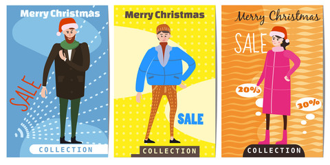 Set of winter sale cards with the characters of people, men and women in winter clothes, the trend of retro flet kartun style vector, illustration, isolated, banner, template © hadeev