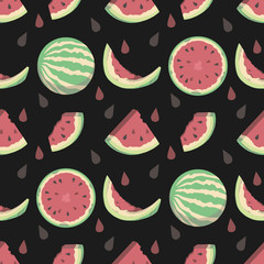 Fun bright back seamless cartoon style summer fruit pattern with full and half water melons and seeds