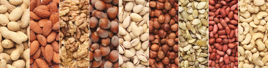 Fotobehang Collage of different nuts in rows, top view © Prostock-studio