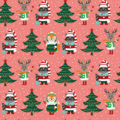 Seamless pattern with forest animals and Christmas items