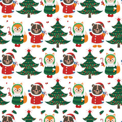Seamless pattern with forest animals and Christmas items