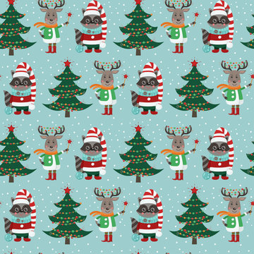 Seamless pattern with forest animals and Christmas items