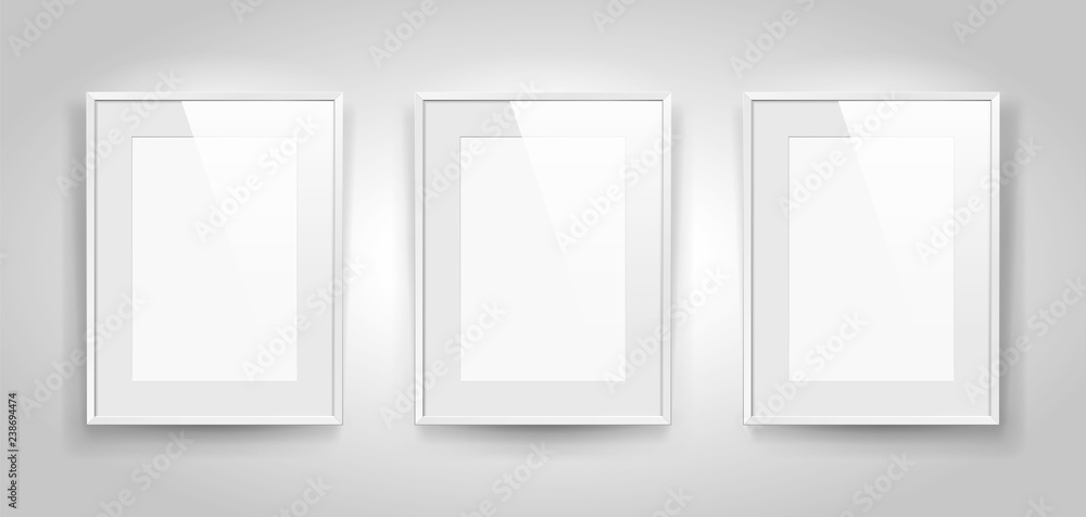 Poster three realistic empty rectangular white frames with passepartout on gray background, border for your