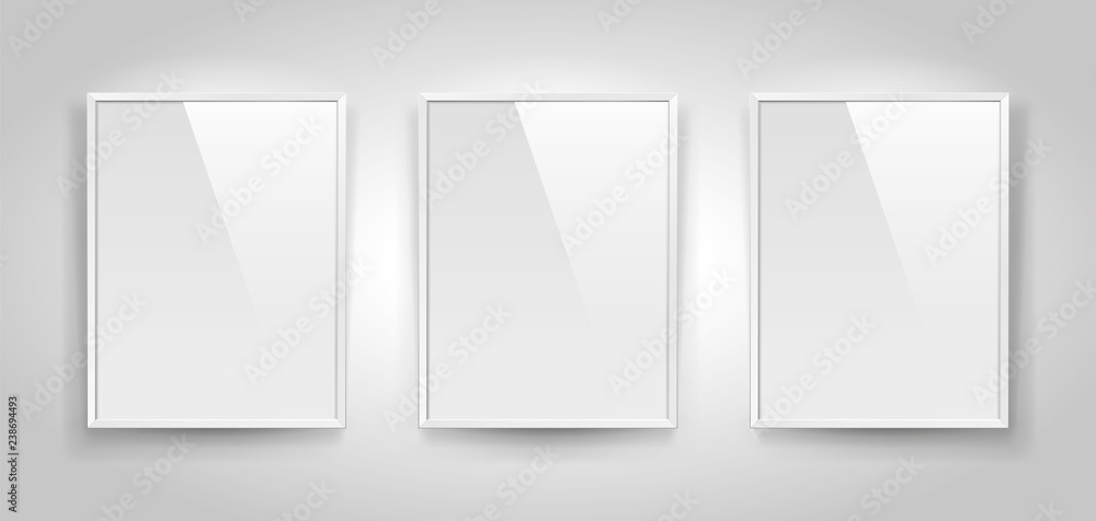 Poster three realistic empty rectangular white frames with passepartout on gray background, border for your