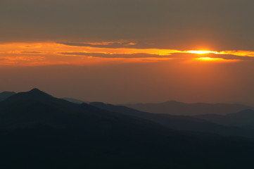 Sun over the mountains. Bieszczady National Park. Poland. Polonina Wetlinska, Polonina Carynska,Tarnica