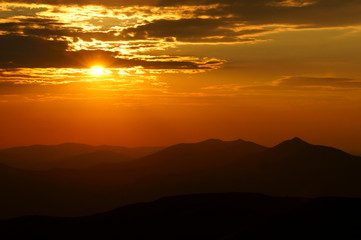 Sun over the mountains. Bieszczady National Park. Poland. Polonina Wetlinska, Polonina Carynska,Tarnica