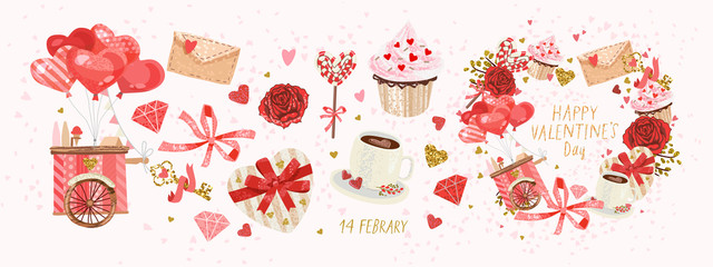 Vector cute objects and elements for Valentine's Day cards: heart, sweets, coffee, cake, key, candy, letter, diamond, rose, lollipop, ice cream cart - obrazy, fototapety, plakaty