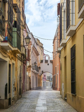 Badajoz, Spain - Circa April 2017: Narrow streets of the historic center of Badajoz