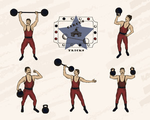 Vector objects set. Strongmen with mustache . Retro circus performance. Color pen style drawing. © Milana