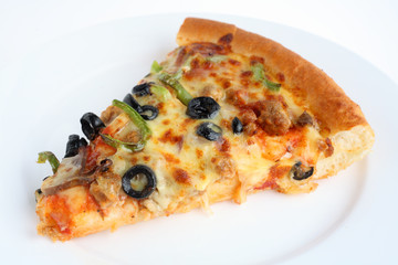 Pizza slice on a white plate