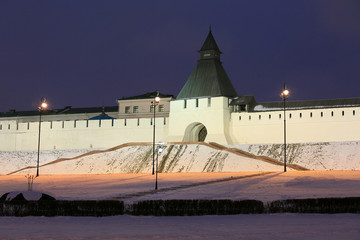 Russia. Winter view of the Kazan Kremlin, the ancient wall and tower in the evening light