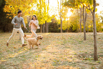 Happy young couple with dog in autumn woods