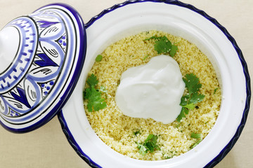 Couscous with yoghurt high angle view of north african staple