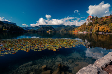 Colorful Bled in fall, with the rock top castle in the background. Slovenia