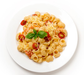 Pasta with cream and tomatoes from above