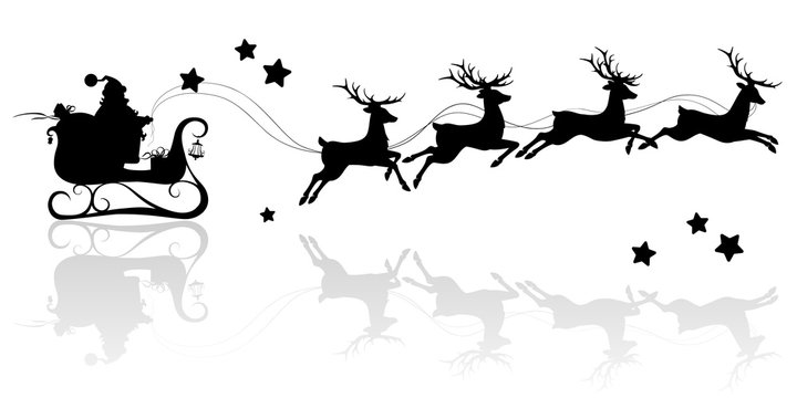 Santa Claus silhouette riding a sleigh with deers. Vector image on isolated white background