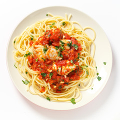 Spaghetti with fish in arrabbiata sauce from above