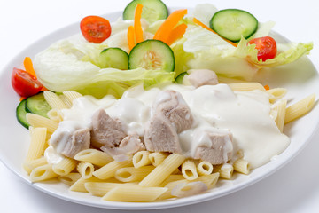 Chicken and pasta with white sauce side view