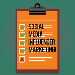 Text sign showing Social Media Influencer Marketing. Conceptual photo Blogger online modern advertising Lined Color Vertical Clipboard with Check Box photo Blank Copy Space