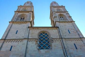 Zurich, Switzerland - Oct 13, 2018 : Beautiful bottom view of historic city center on a sunny day with blue sky and clouds in summer.