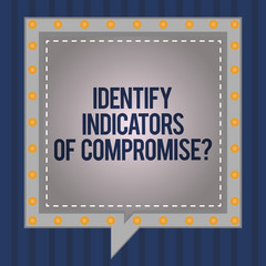 Conceptual hand writing showing Identify Indicators Of Compromise. Business photo showcasing Detect malware online attacks hacking Square Speech Bubbles Inside other with Broken Line Circles