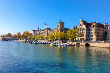 Zurich, Switzerland - Oct 13, 2018 : Beautiful view of historic city center on a sunny day with blue sky and clouds in summer.