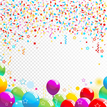 Bright colorful vector confetti and balloons background. All elements are on separate layers. Vector, illustration, eps 10