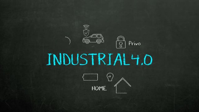 Blue chalk drawing of 'INDUSTRIAL 4.0' and various connected industrial revolution 4.0 icon, 4k animation.