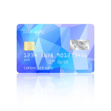 Realistic detailed credit card with turquoise geometric triangular design isolated on white background