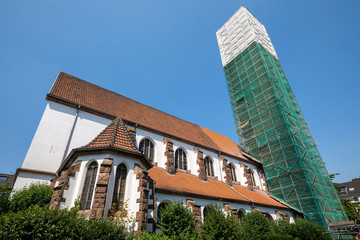 The St. Pius church in Cologne Zollstock with a framework around the church 