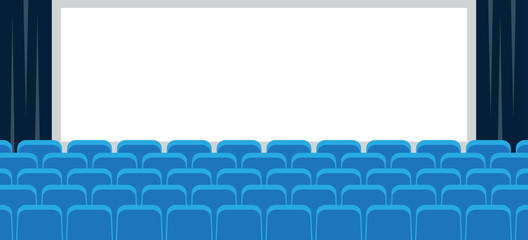Cinema with white screen and blue seats